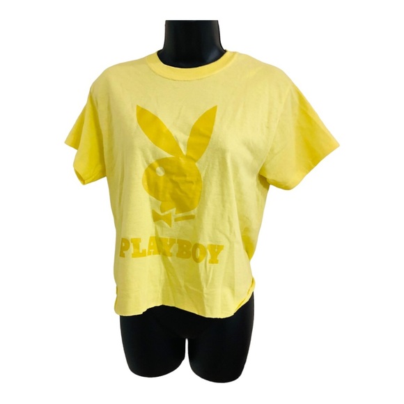 playboy‎ yellow slightly crop raglan hem iconic playboy logo t-shirt size small - Picture 2 of 11